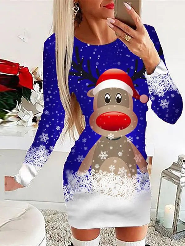 Women's Black White Snowflake Deer Pattern Dress Autumn Winter Long Sleeve Bodycon Mini Dress Elegant Red Christmas Dresses