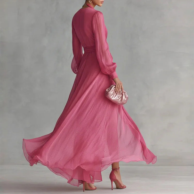 Elegant Deep V Neck Hollow Party Wrap Dresses Tie Waist High Slit Long Dress Femme Solid Long Sleeve Maxi Dress