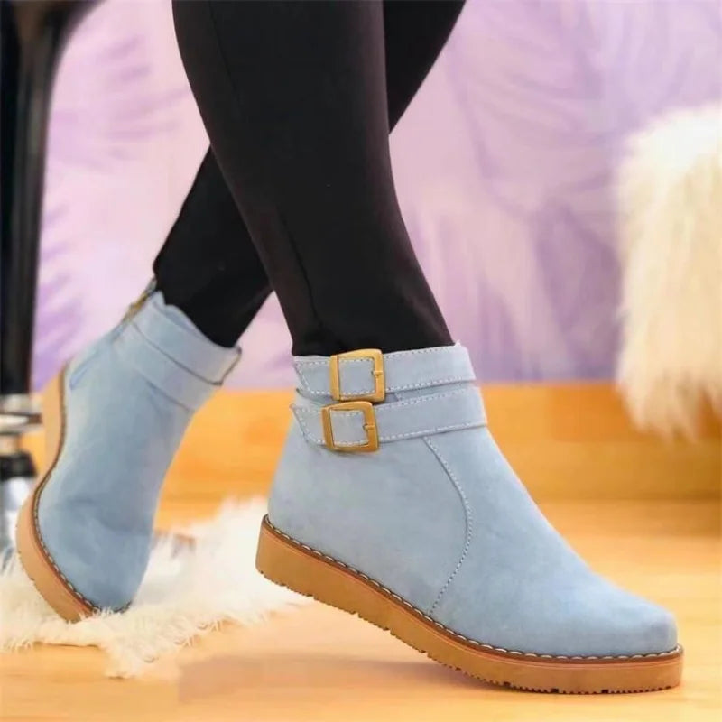 Women's New Ankle Buckle Flat Suede Snow Boots Fashion Denim British Style