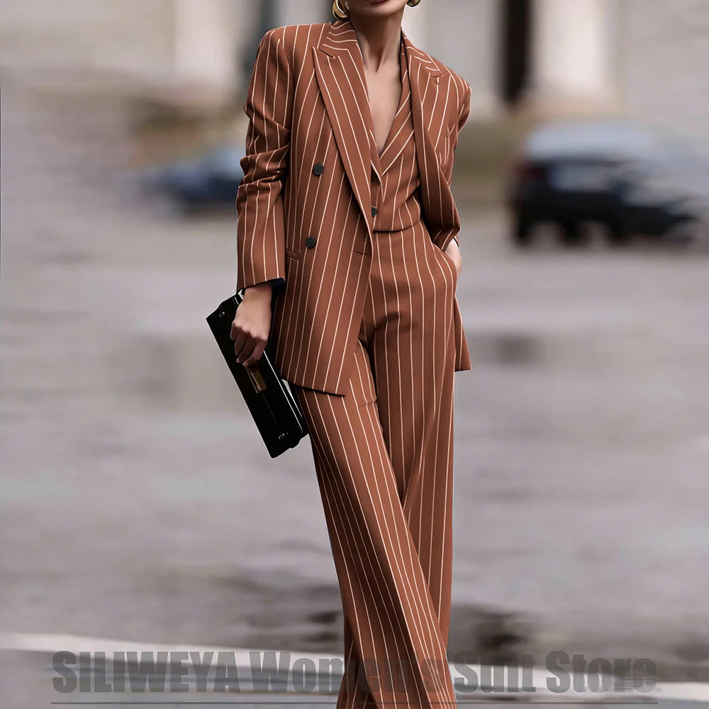 Navy Women's Double Breasted Striped 3 Piece Suits Blazer Vest Wide-Leg Pants Set Fashion Formal Party Office Casual Outfit