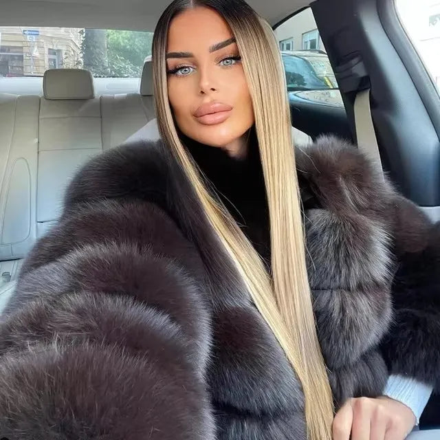 Women's Winter Fashion Hooded Fox Fur Jackets Loose Long Sleeves Female Eco Fur Coat Patchwork Plush Thick Lady Fur Coat