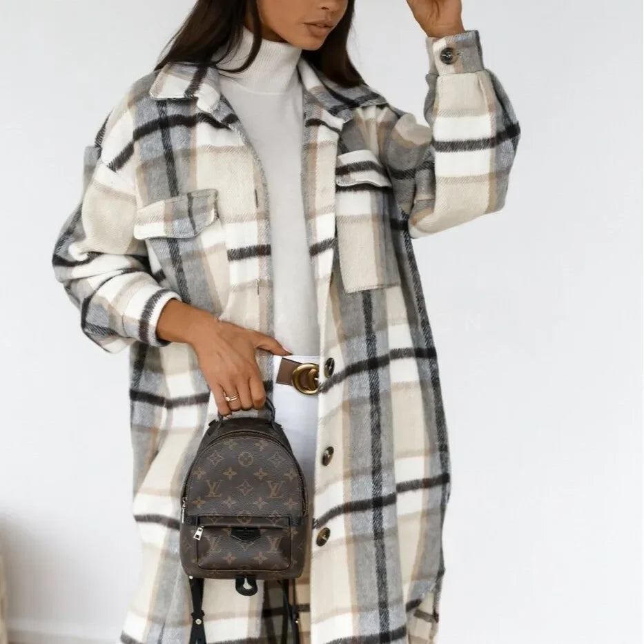 Women's Plaid Long Sleeve Shirt Jacket Medium-length Printing