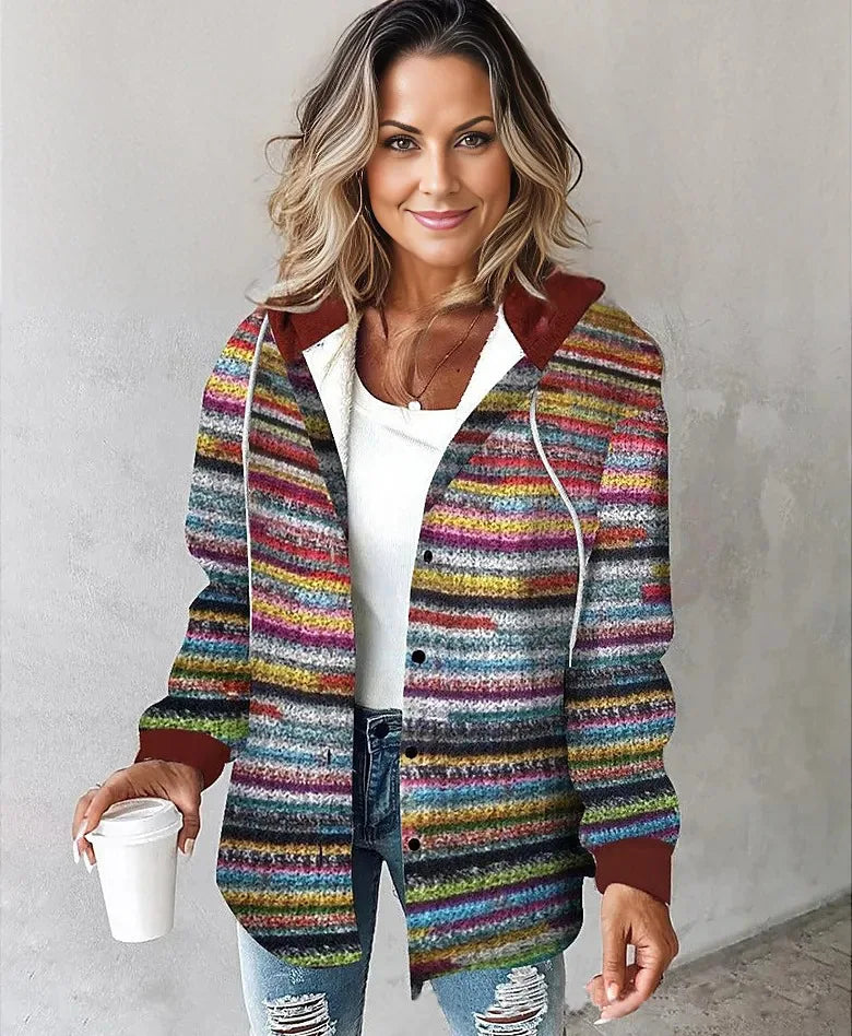 Women's Autumn Large Plaid Style Hooded Jacket With  Casual Loose Black White Plaid Coat Button Fall Top
