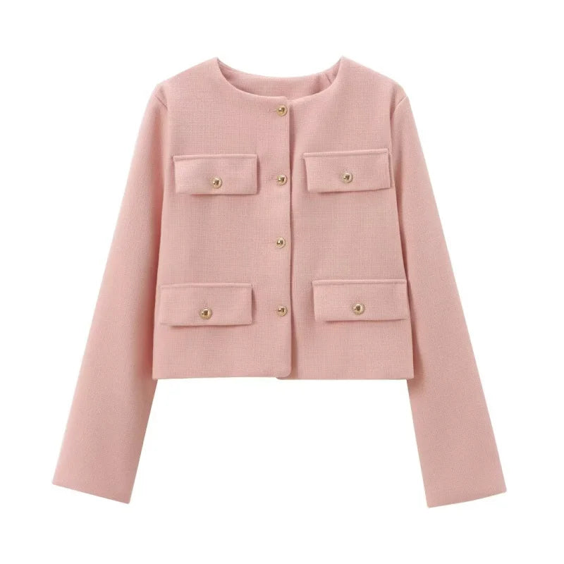 Women's Autumn/Winter Vintage Jackets crew neck gold button flip pocket embellishment short coat