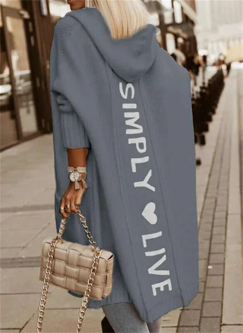 Women Autumn Long Hooded Cardigan Sweater Solid Color Back Alphabet Jumpers Warm Woven Tops
