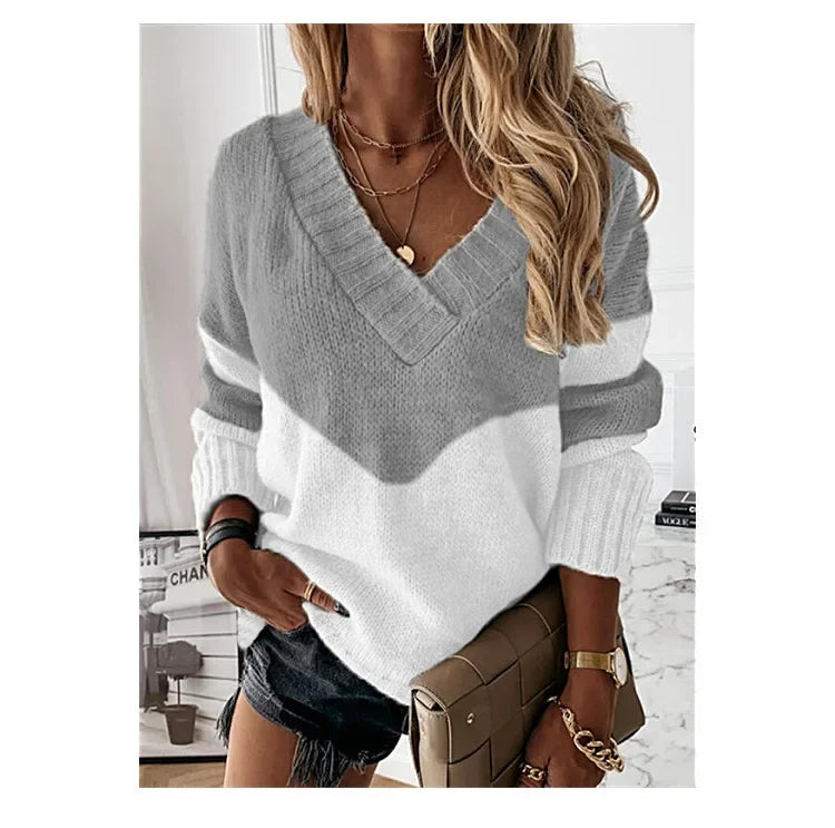 Women's Knitted V-neck Sweaters Stitching Contrast Color Long-Sleeved Knitting Top Pullover Autumn Winter Warm Female Jumper