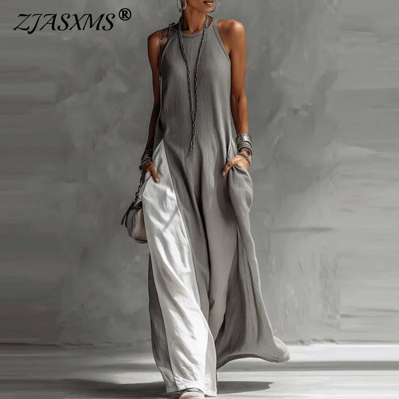 Women's Fashion High Collar Hollow Off-shoulder Women's Knitted Tops 2-piece Set Casual Sleeveless Summer Boho Vacation Maxi Dress Sexy O Neck Contrast Color Long Dress Spring Pocket A-Line Party Dresses