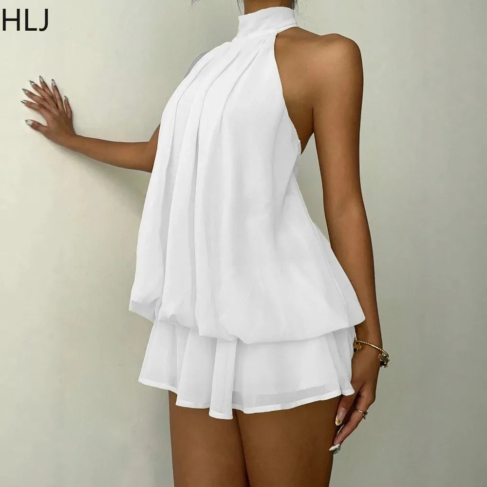 Women's Casual Halter Neck Bodycon Mini Dress for Women Mesh Sleeveless Backless Ruffle Patchwork Dresses Summer Beach  New