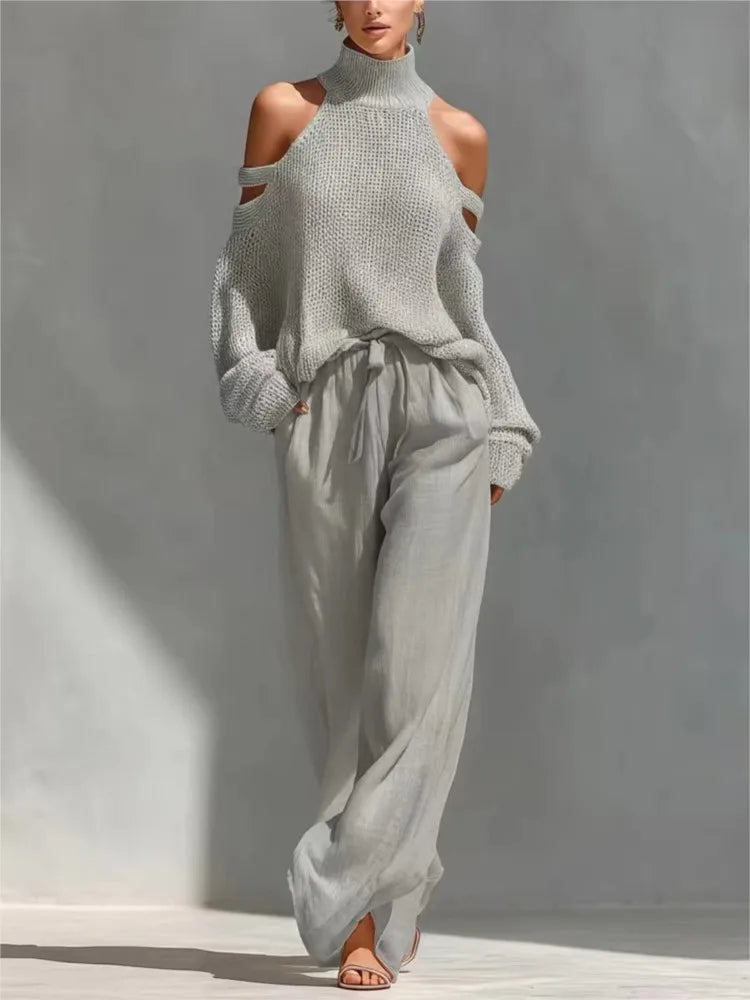 Women's Fashion High Collar Hollow Off-shoulder Women's Knitted Tops 2-piece Set Spring Casual Loose Wide-leg Trousers Female Suit
