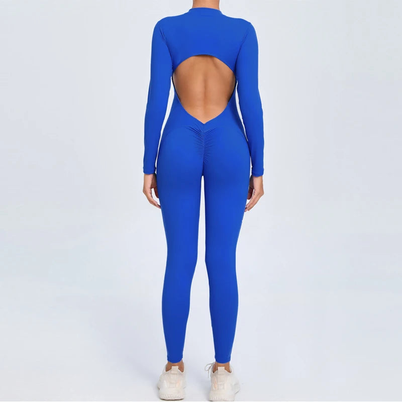 Women's Back Sports Jumpsuit Yoga Clothes Rompers Women Long Sleeve Workout Backless One-piece Suit Female