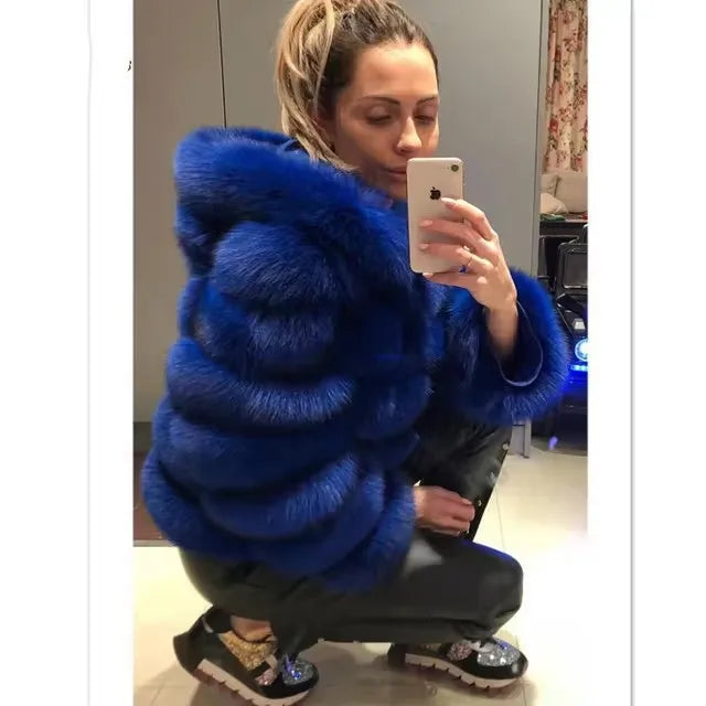 Women's Winter Fashion Hooded Fox Fur Jackets Loose Long Sleeves Female Eco Fur Coat Patchwork Plush Thick Lady Fur Coat