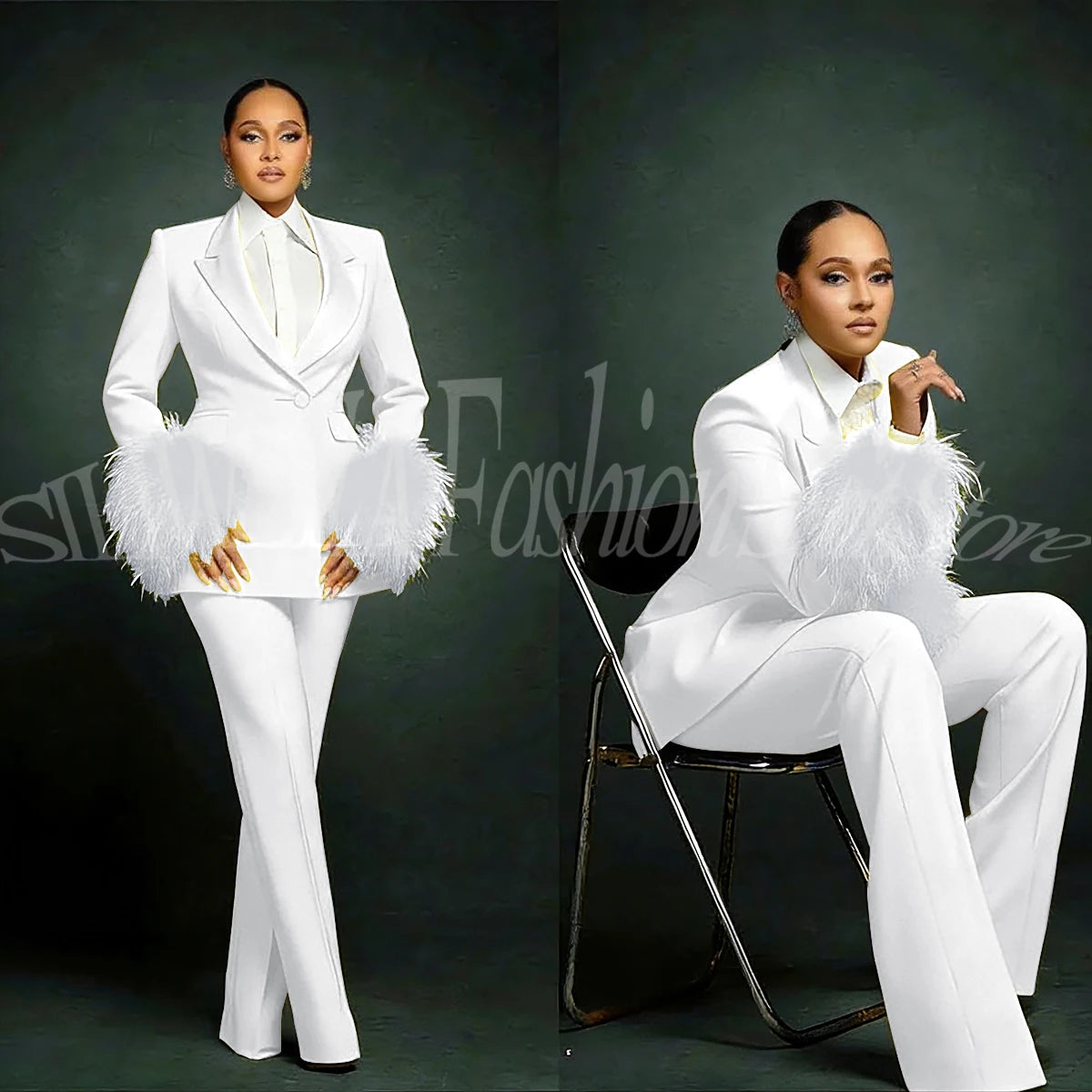 Women's  Luxury Feather Applique Single Breasted 2 Piece Suits