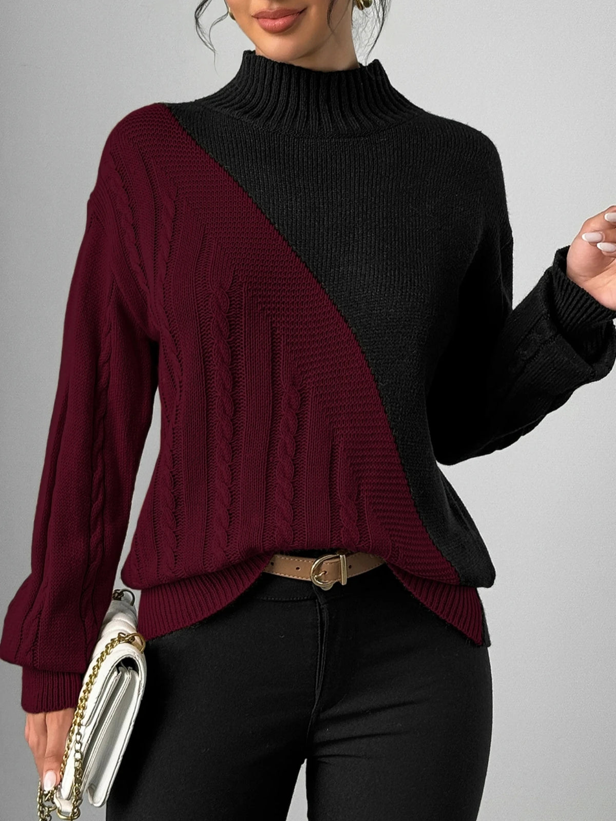 Women's Elegant Mock Neck Color Block Cable Knit Sweater Long Sleeve Knitwear Fashionable Casual Style