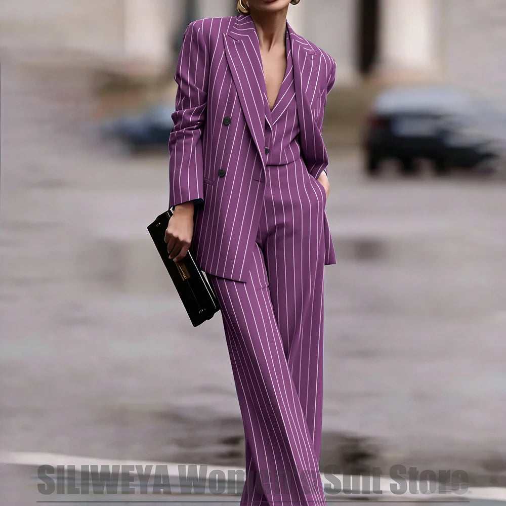 Navy Women's Double Breasted Striped 3 Piece Suits Blazer Vest Wide-Leg Pants Set Fashion Formal Party Office Casual Outfit