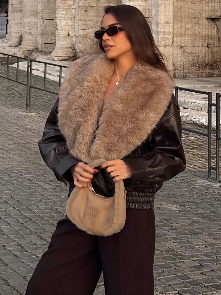 HH Vintage Women Faux Fur Patchwork Leather Jackets Fashion Female Detachable Fur Collar Double Breasted Winter Warm Street Coat