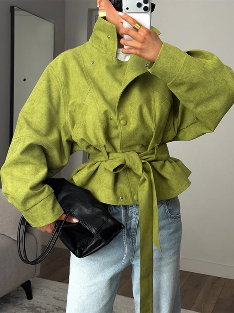 New Women's Green Oversized Jacket Stand Collar Belted Waist Puff Sleeve Short Coat Casual Streetwear