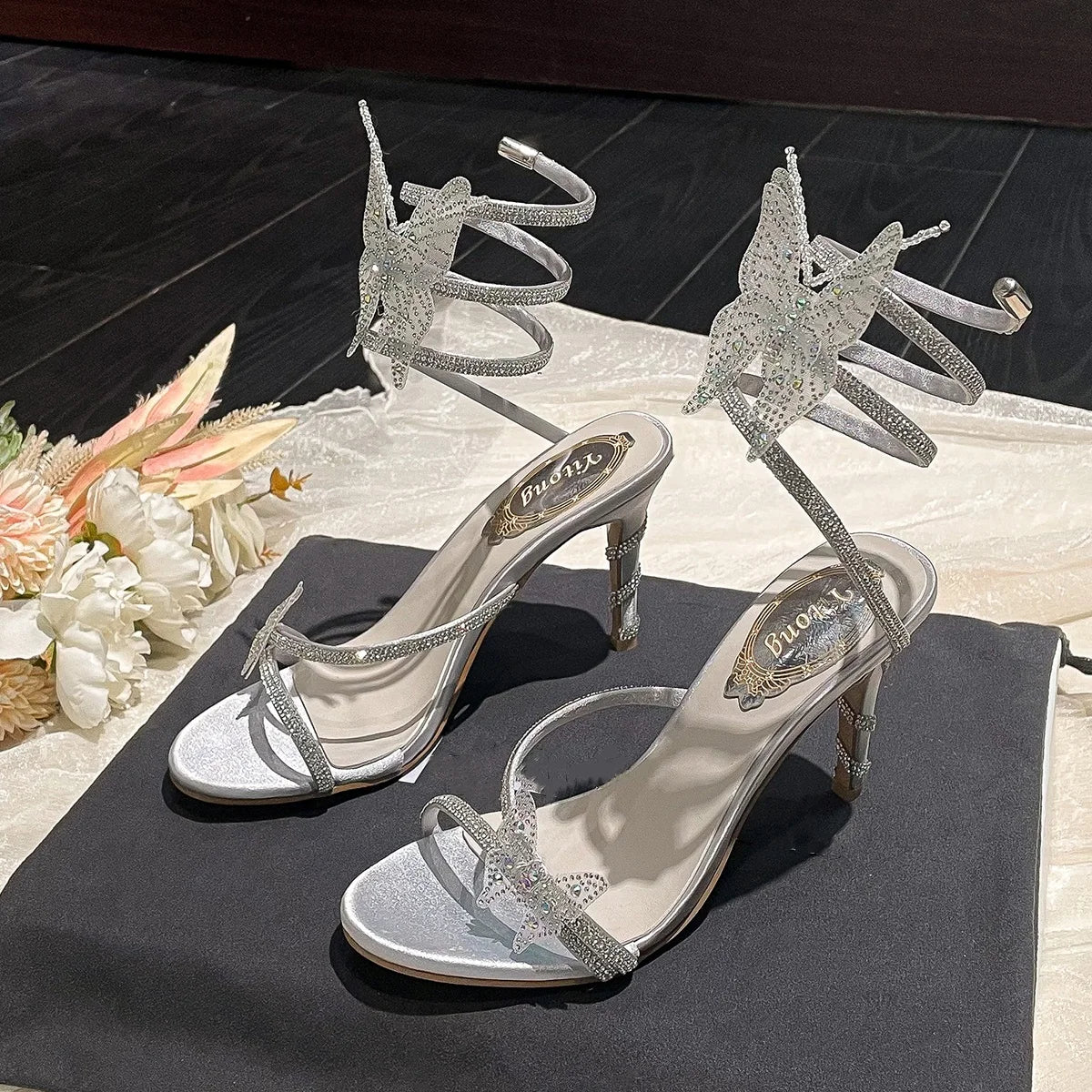 New Summer Luxury Women's Rhinestone Butterfly Silver Apricot Fashion High Heel Sandals Wedding Banquet Dress Bridal Shoes