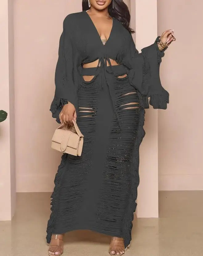 Women's Two-Piece Outfits Sets Summer Fashion Hollow Out V-Neck Long Sleeve Crop Top & Sexy Plain Maxi Daily Skirt Set