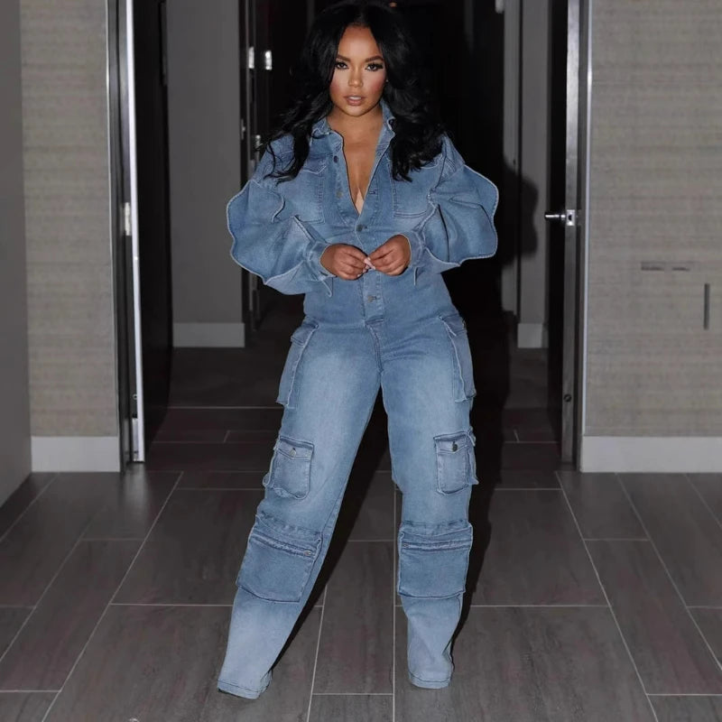 Women Overalls Denim Jumpsuits Long Sleeve Ruffles Pockets Streetwear Straight Pants Jeans