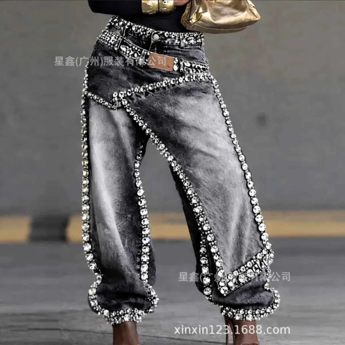Women Wide Leg Rhinestone Denims Jeans Distressed Washed Full Length Vintage Asymmetrical Trousers Y2k Streetwear 2026