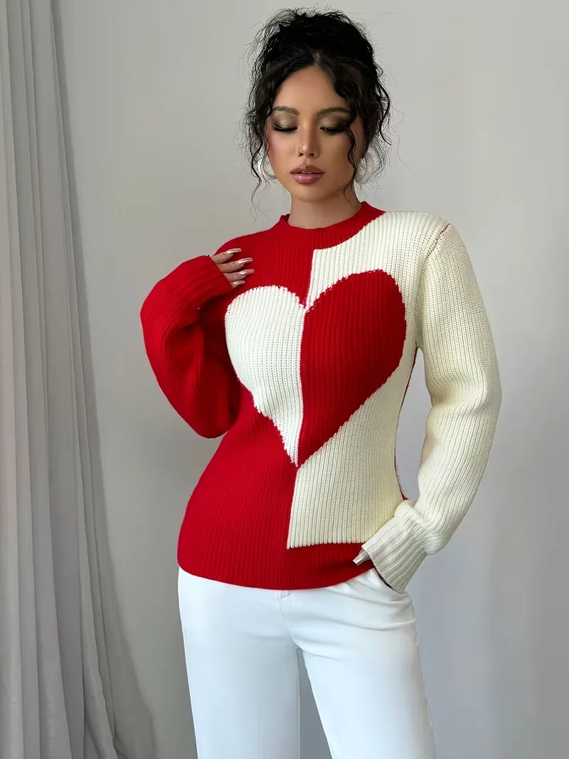 Women's Color-Block Heart Pattern Knitted Pullover for Autumn and Winter, Round Neck, Long-Sleeve, Casual and Versatile