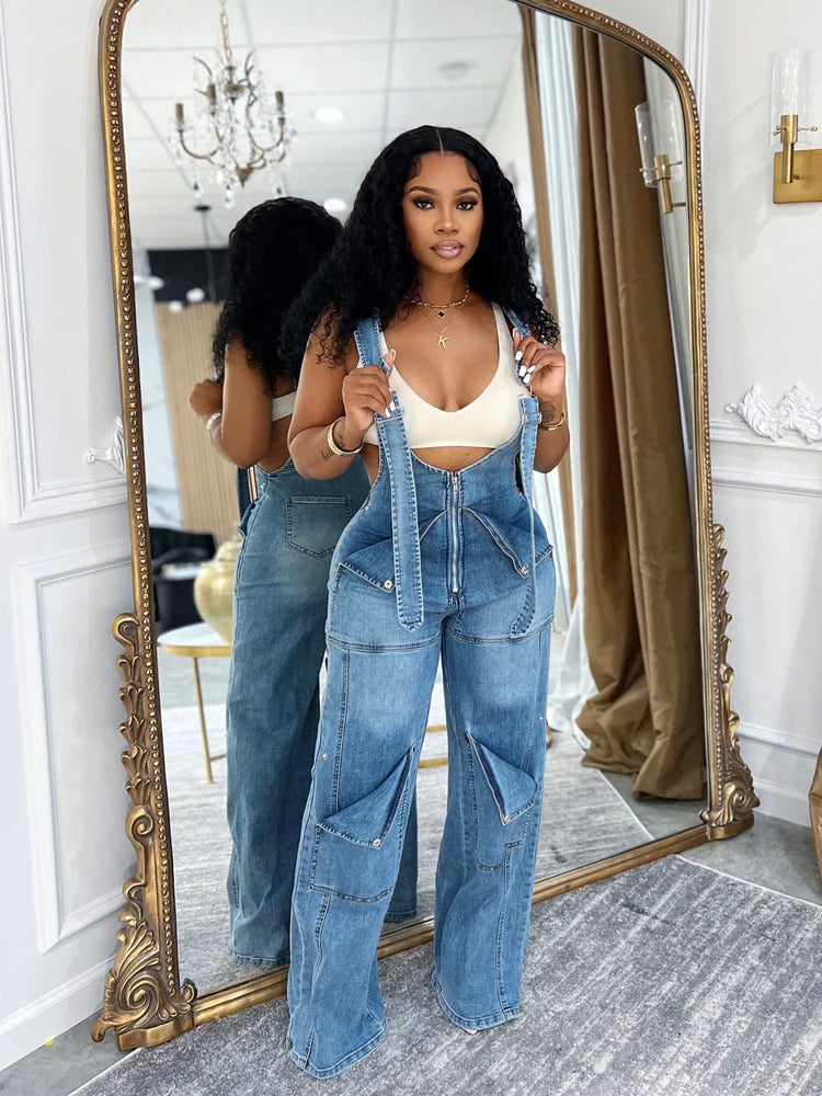 Women's Loose High Waisted Zip Denim Overalls Women Clothes Multi Pockets Cargo Jeans Trousers Casual Wide Leg Jumpsuits