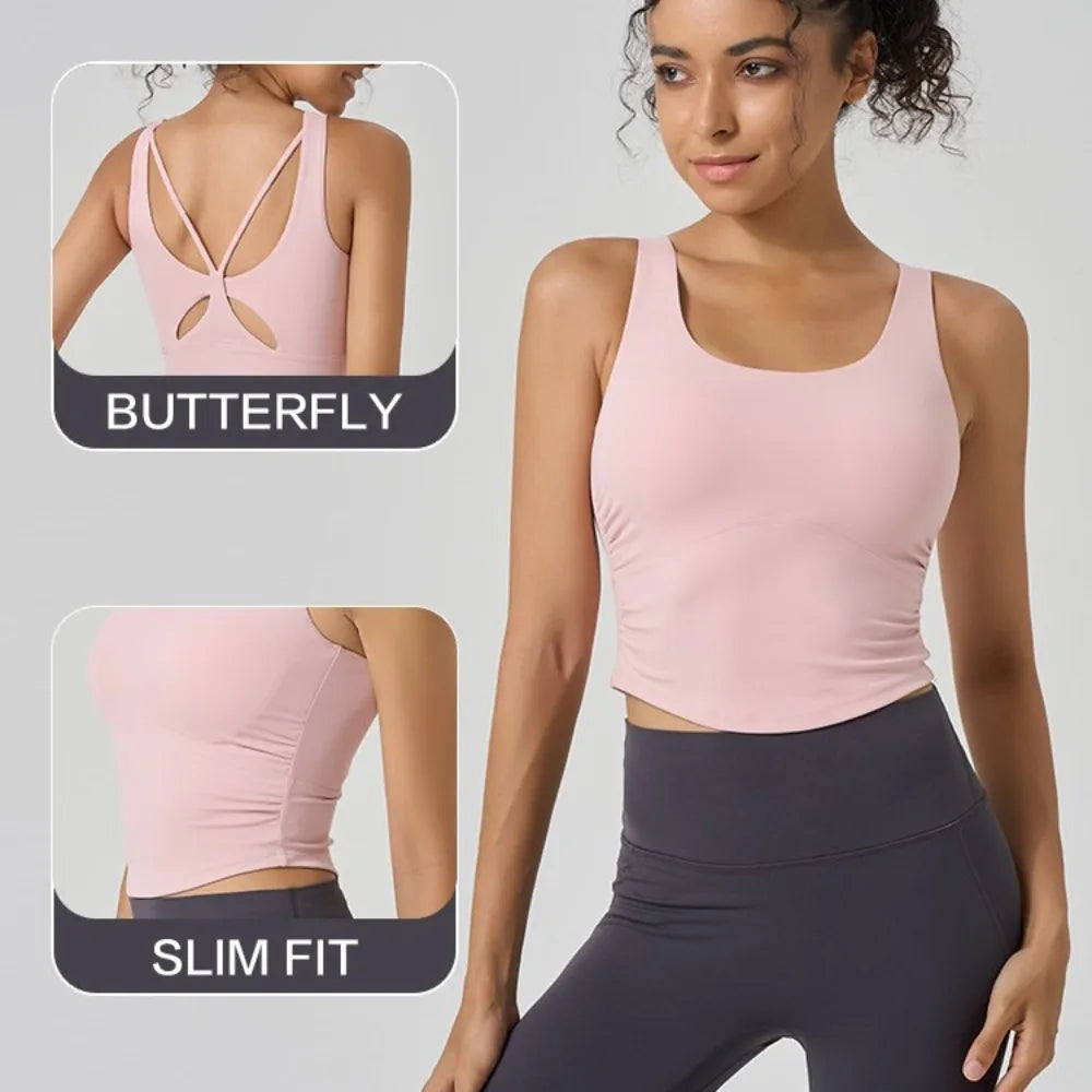 Women's Fixed Cup Yoga Sports Bra Crisscross Back Rushed Waist Workout Tank Top for Pilates, Gym, Outdoor Fitness