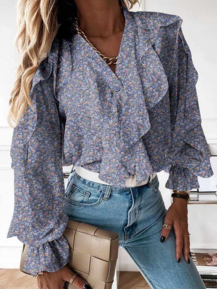 Women Elegant Ruffles Fashion Blouses V neck Tops Long Sleeve Flare Cuff Fashion Blouses