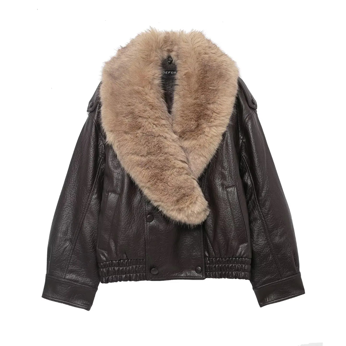 HH Vintage Women Faux Fur Patchwork Leather Jackets Fashion Female Detachable Fur Collar Double Breasted Winter Warm Street Coat