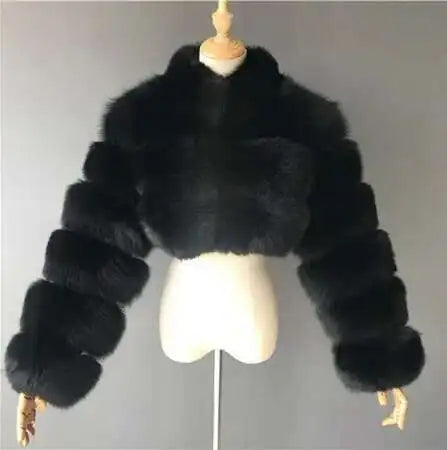 DEAT Fashion Women's Faux Fur Coats Neck Long Sleeve Zipper Short Solid Color Thick Warm Jackets Winter 2024 New 7AB6434