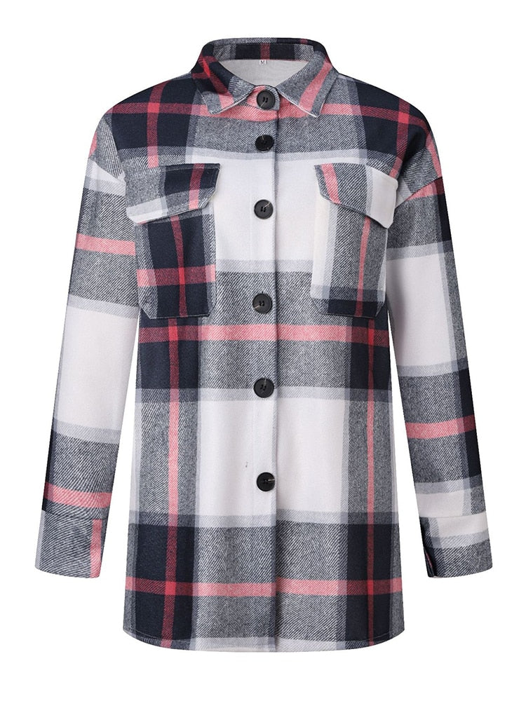 Women Oversized Plaid Jacket Winter Fleece Coat Vintage Top Long Sleeve Outerwear All Match Jackets Shirt Warm