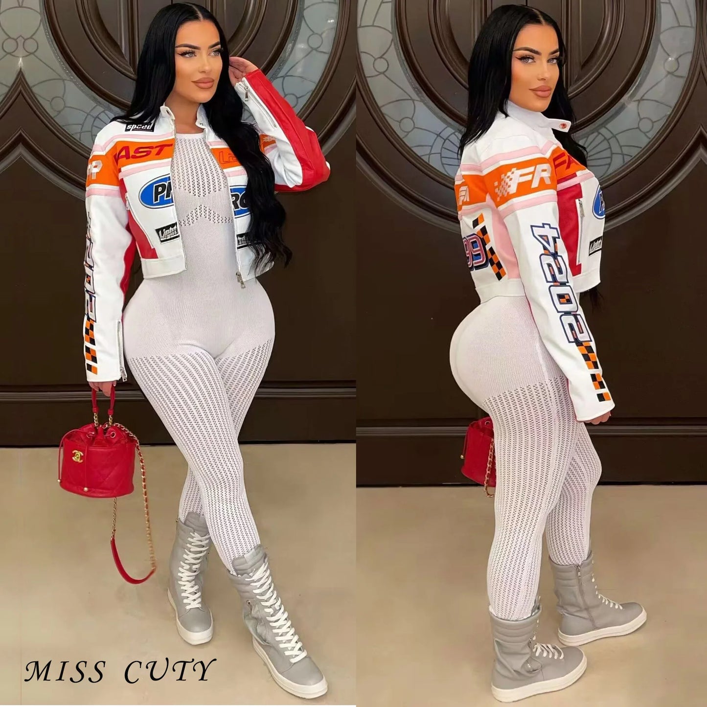 Women's Printed Cyber Racer Jackets Fashion Baseball Coats Y2K Streetwear Winter Fall Clothing Graphic Top Jackets Crop Coats