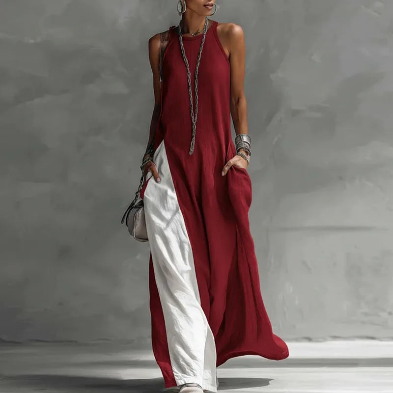 Women's Fashion High Collar Hollow Off-shoulder Women's Knitted Tops 2-piece Set Casual Sleeveless Summer Boho Vacation Maxi Dress Sexy O Neck Contrast Color Long Dress Spring Pocket A-Line Party Dresses