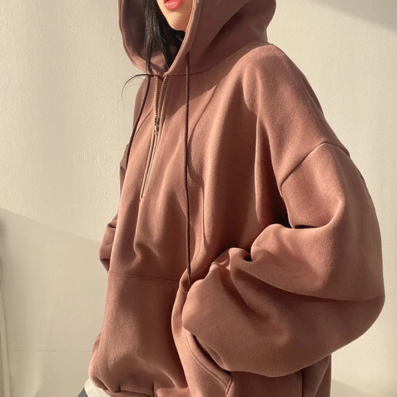 Women's Casual Long Sleeve Pockets Hoodies Loose Oversized Solid Color Half Zip Up Sweatshirt