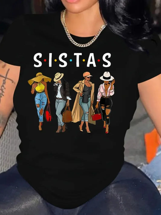 Women's round neck T-shirt Sistas printed T-shirt casual fashion short-sleeved tops