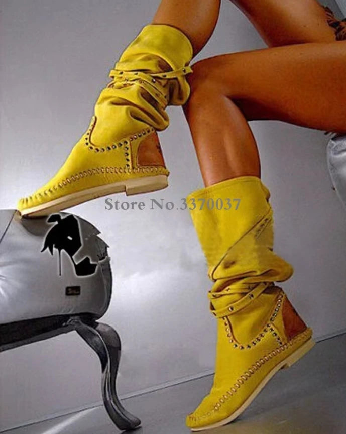 Women Hot Selling Yellow Suede Leather Round Toe Rivet Flat Boots Knee High Spike Comfortable Flat Boots Winter Boots