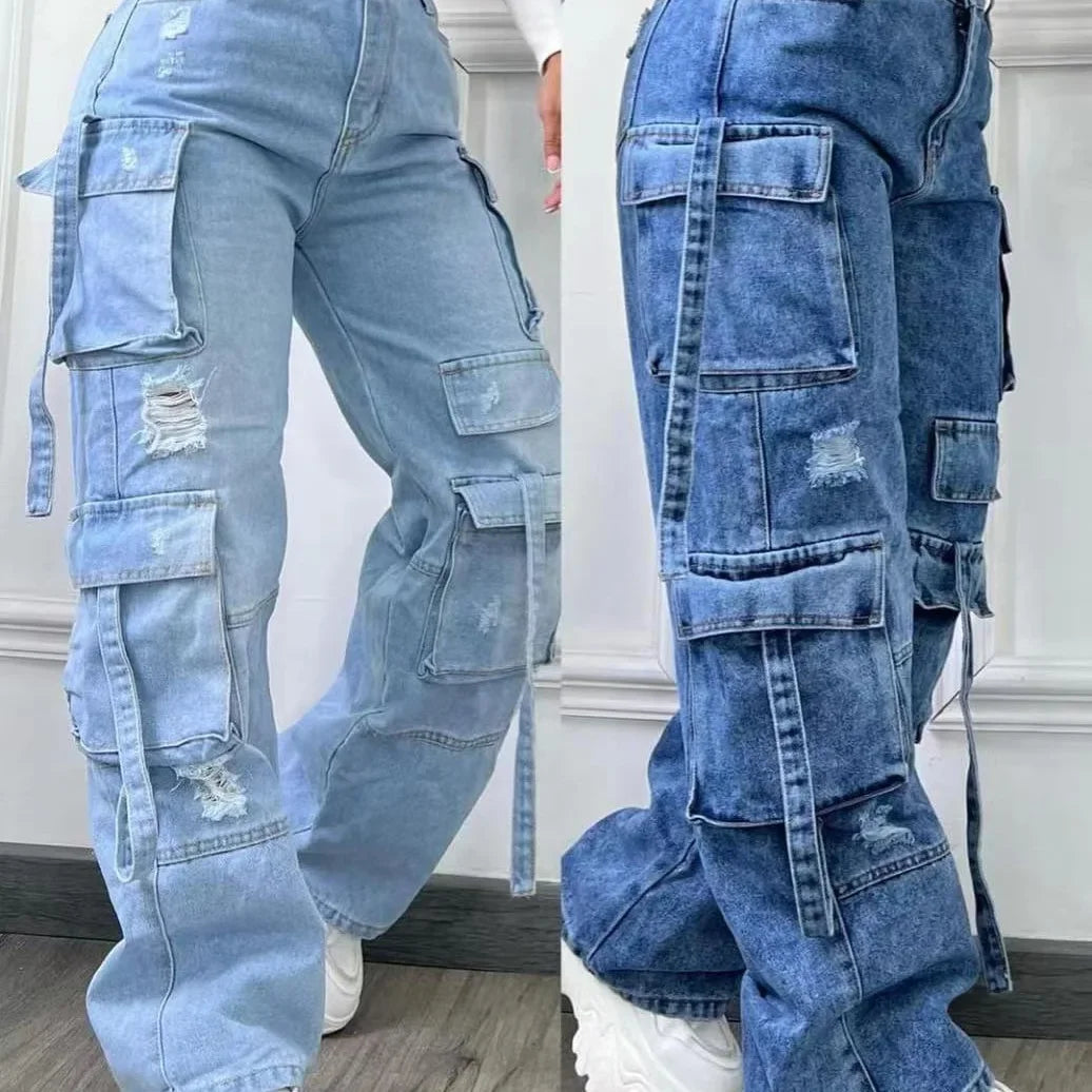 Women's New Casual Fashion Workwear Denim High Waist Multi Pocket Loose Fit Jeans Versatile plus Size