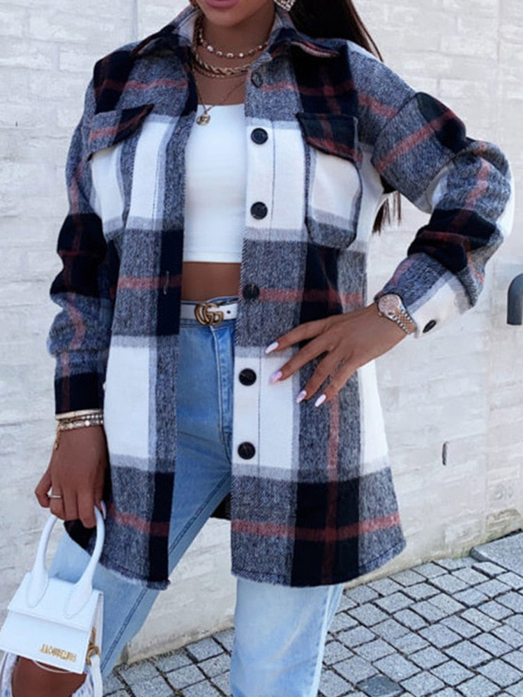 Women Oversized Plaid Jacket Winter Fleece Coat Vintage Top Long Sleeve Outerwear All Match Jackets Shirt Warm