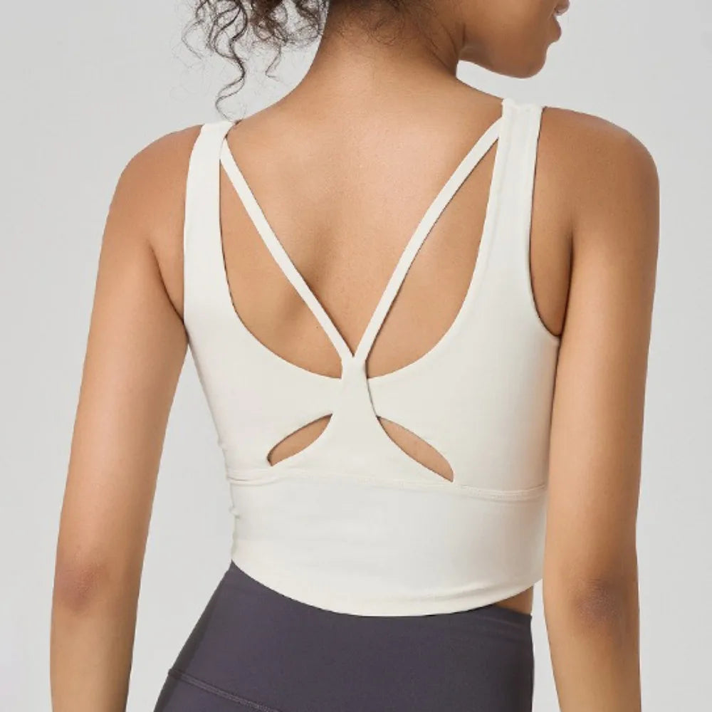 Women's Fixed Cup Yoga Sports Bra Crisscross Back Rushed Waist Workout Tank Top for Pilates, Gym, Outdoor Fitness