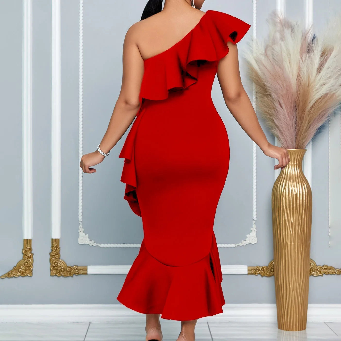 Woman New One Shoulder Ruffles Elegant Evening Dresses Birthday Dinner