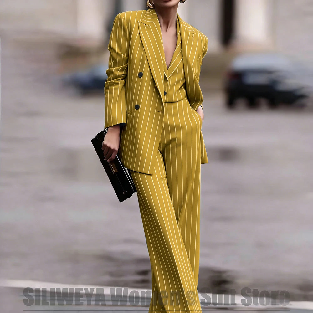 Navy Women's Double Breasted Striped 3 Piece Suits Blazer Vest Wide-Leg Pants Set Fashion Formal Party Office Casual Outfit