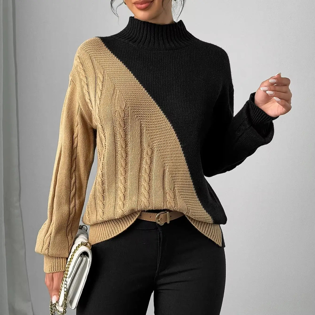Women's Elegant Mock Neck Color Block Cable Knit Sweater Long Sleeve Knitwear Fashionable Casual Style