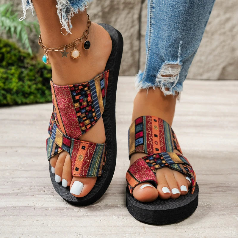 Women's Summer Fashion Sandals Open Toe Shoes Slip on Colorful Beach Shoe Ethnic Style Lightweight Slippers