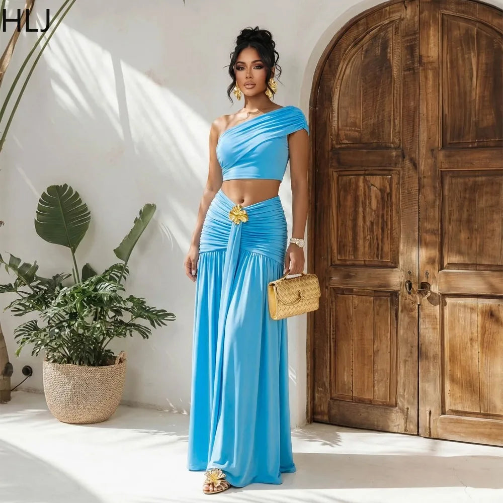 Women's Casual Off Shoulder Solid Color 2 Pieces Set Backless Crop Top + Skirt Matching