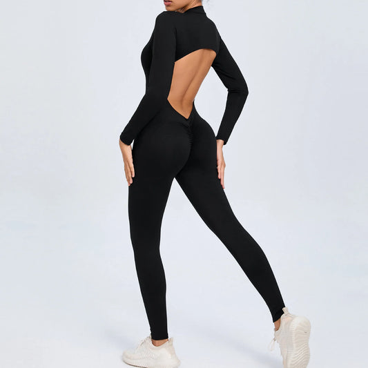 Women's Back Sports Jumpsuit Yoga Clothes Rompers Women Long Sleeve Workout Backless One-piece Suit Female