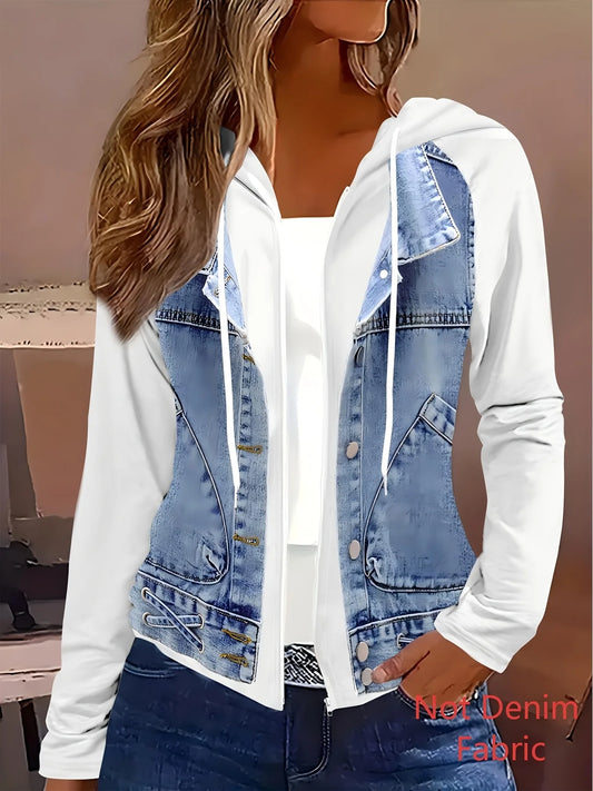 Women's Printed casual White Hoodie Jacket-Not Denim Fabric Spring and Autumn styles