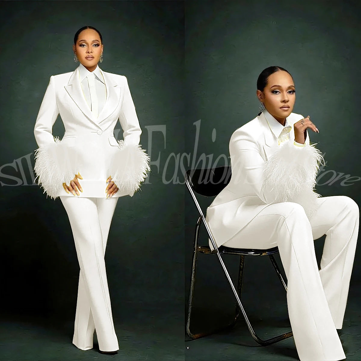 Women's  Luxury Feather Applique Single Breasted 2 Piece Suits