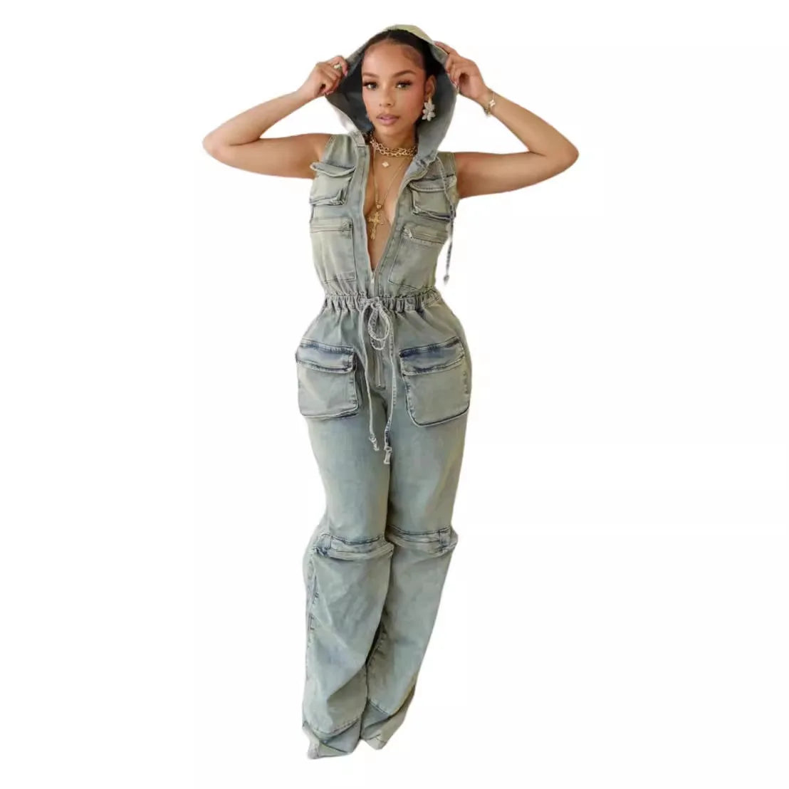 Women Vintage Casual Denim Overalls Jumpsuit Rompers Belted Pockets Jeans Long Pants