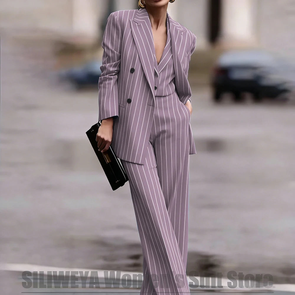 Navy Women's Double Breasted Striped 3 Piece Suits Blazer Vest Wide-Leg Pants Set Fashion Formal Party Office Casual Outfit