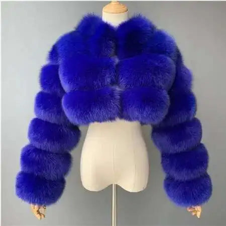DEAT Fashion Women's Faux Fur Coats Neck Long Sleeve Zipper Short Solid Color Thick Warm Jackets Winter 2024 New 7AB6434